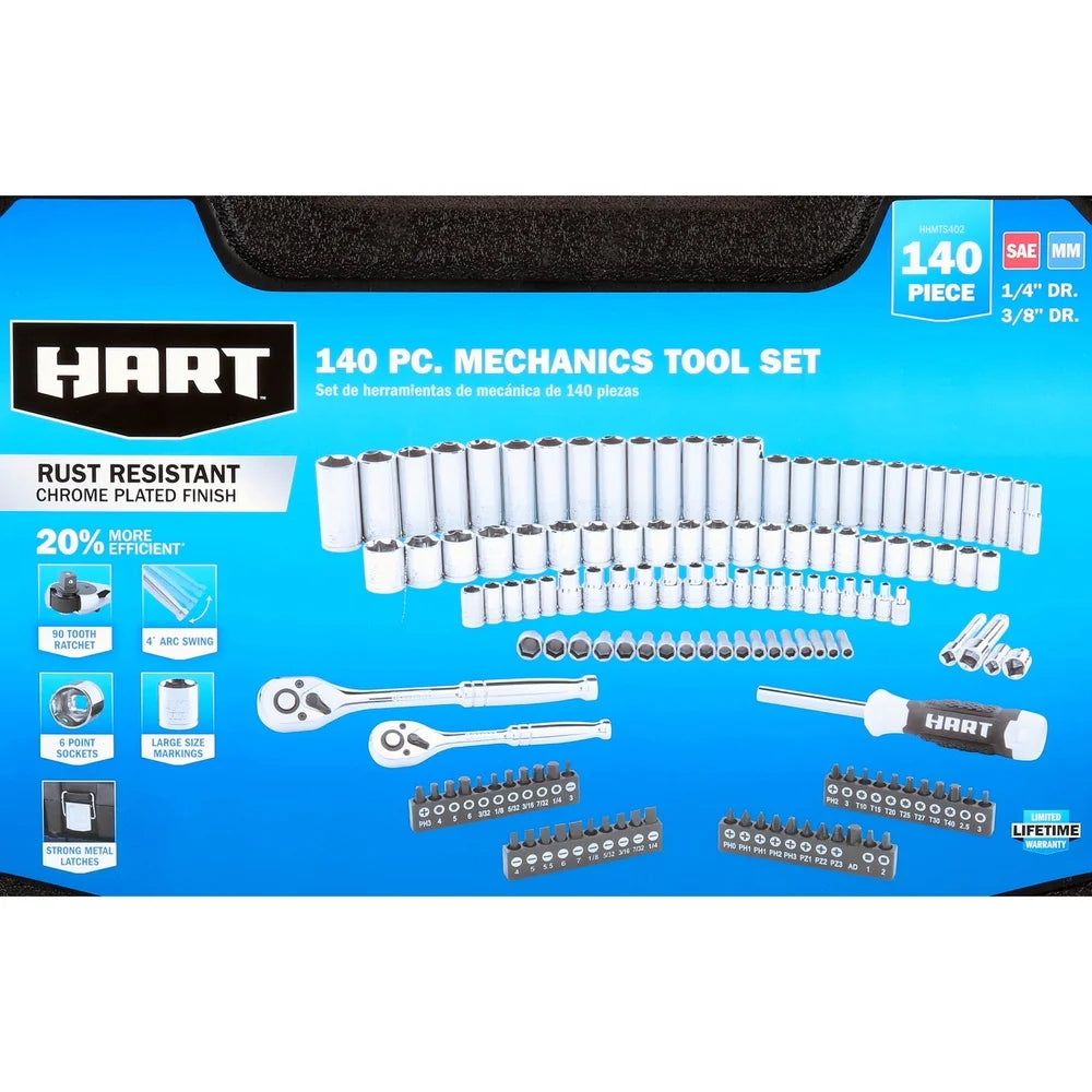 140 Piece Mechanics Tool Set with 90 Tooth Ratchet Chrome Finish SAE Metric Quick Release Organizer Case Heavy Duty Tools