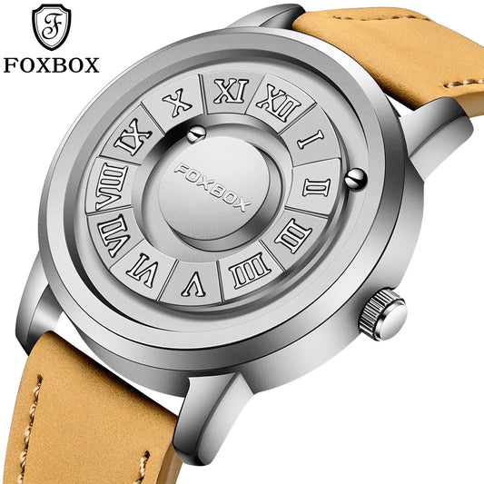 FOXBOX Men's Quartz Watch Fashion Personality Creative Scrolling Iron Ball Magnetic Pointer Waterproof for Male Watches Gift+Box