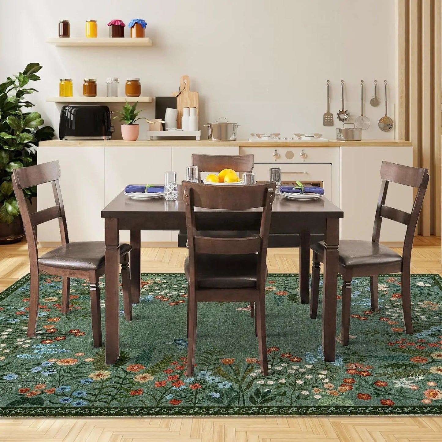 Boho Washable Rugs for Entryway Floral Area Rug for Bedroom, Non Slip ,Soft Indoor Carpet forLiving Room Kitchen Laundry Foyer