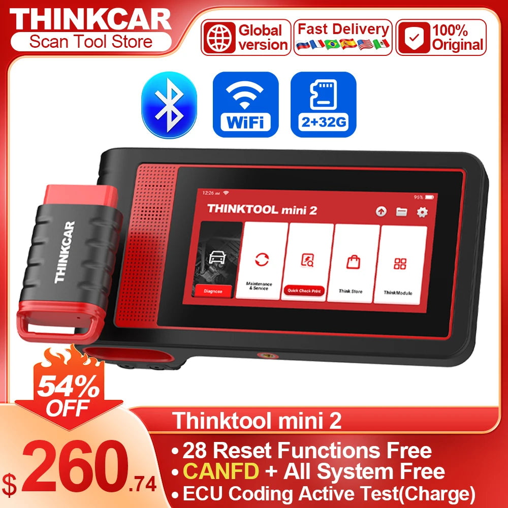 THINKTOOL MINI 2 Auto OBD2 Scanner Car Diagnostic Tool Full System Scan Tool Support Bidirectional Control ECU Coding 28 Resets