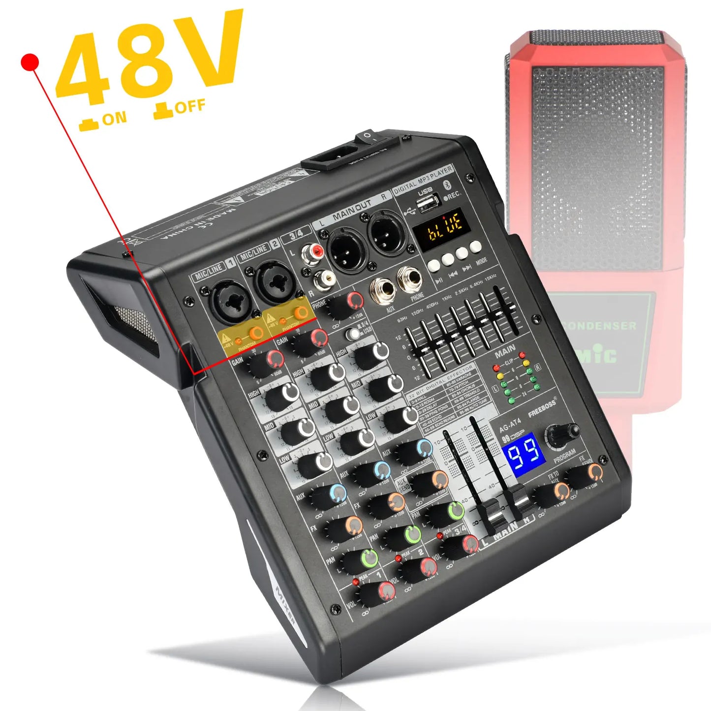 Freeboss Audio Mixer 4 Channels 99 Effect USB Mixing Console PC Record Bluetooth Studio 48V Sound Table Karaoke Mix Desk AG-AT4