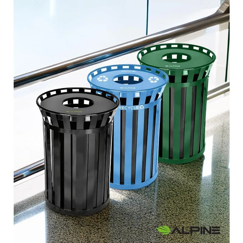 Commercial Outdoor Trash Can - 38 Gallon Heavy Duty Blue Recycle Garbage Can with Liner, Open Top Lid, All Weather Resist