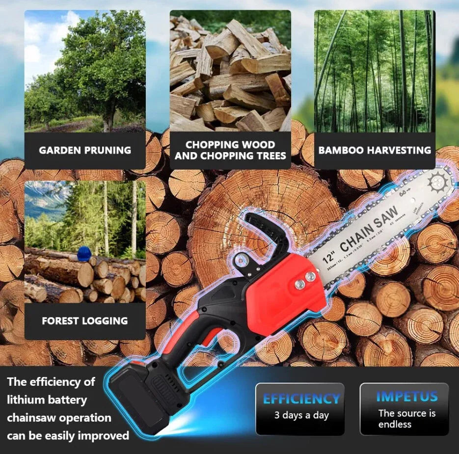 21V 12Inch Cordless Chainsaw High Power Household Brushless Electric Handheld Chainsaw Electric Cutting Tool With Battery Charge