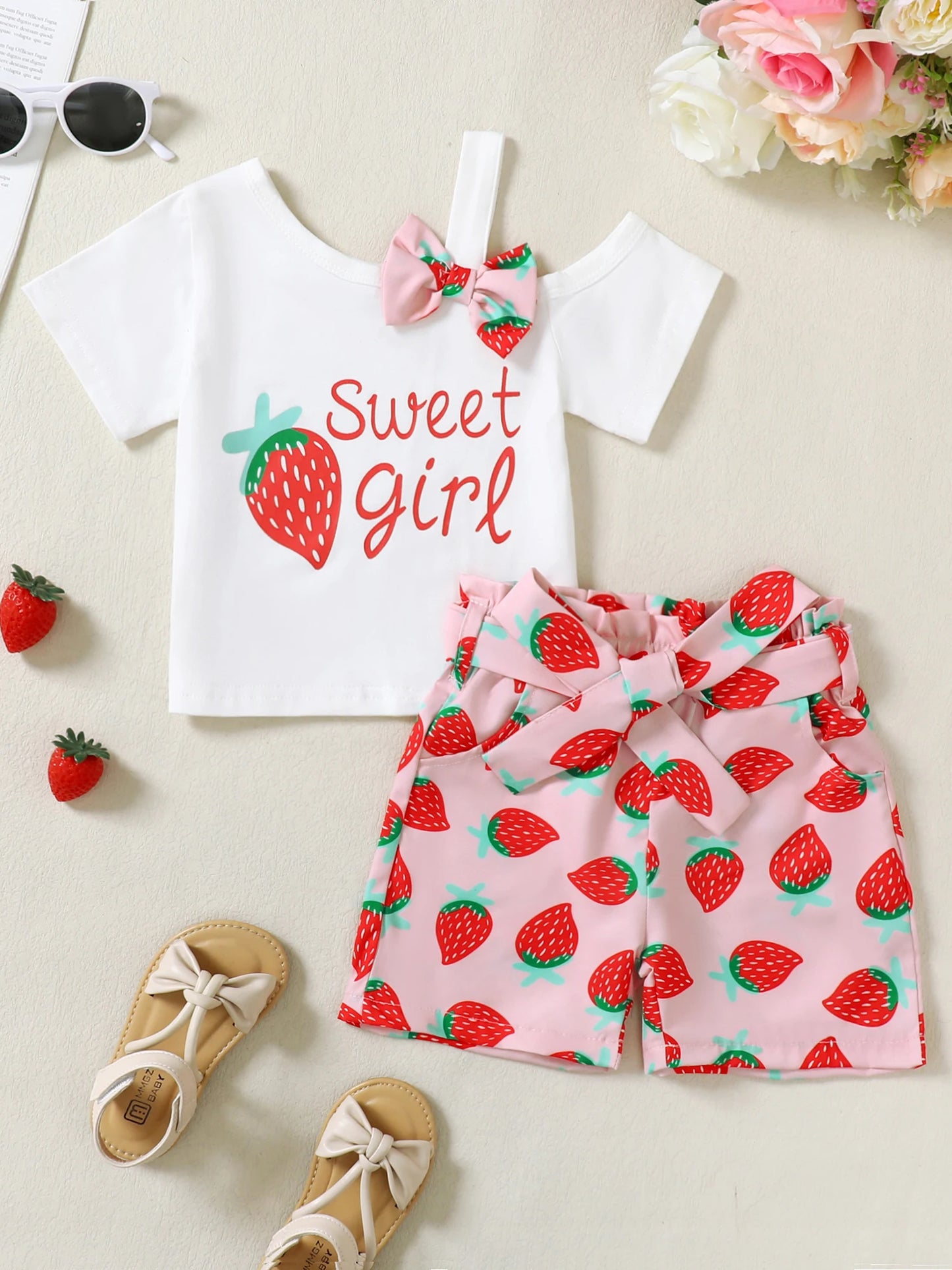 Toddler Baby Girls Clothes T-shirt + Casual Shorts Pants Cute Summer Clothing Set Outfits Halter Slant Shoulder Bow Top