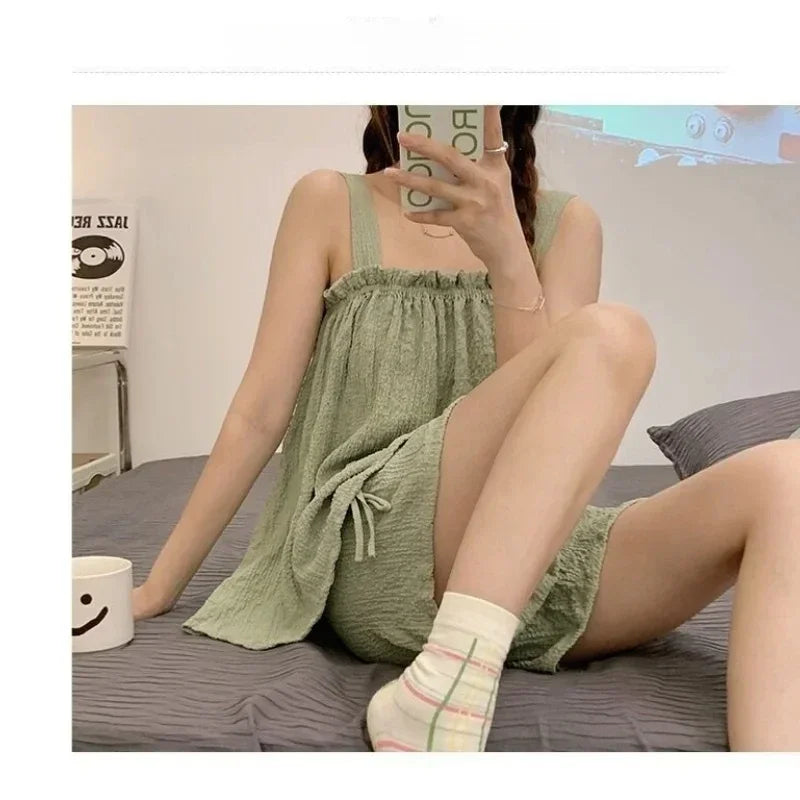 Women Summer Two Pieces Short Pajamas Suspenders Thin Sweet Cute Cotton Gilrs Homewear With Sleeveless Loose Soft Home Clothing