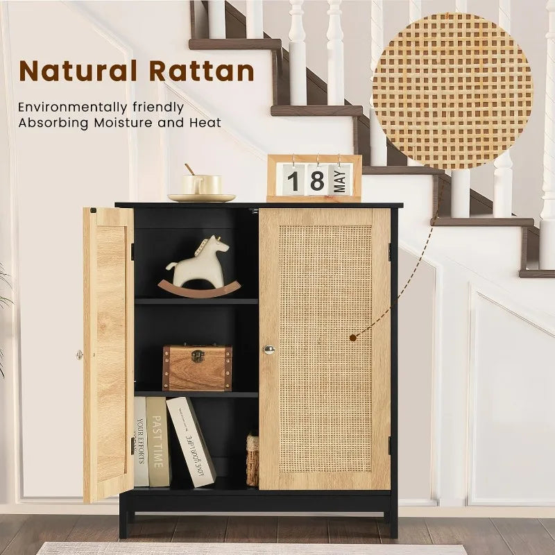 Storage Cabinet with Rattan Doors Adjustable Shelf Floor Cabinet for Living Room Entryway and Kitchen