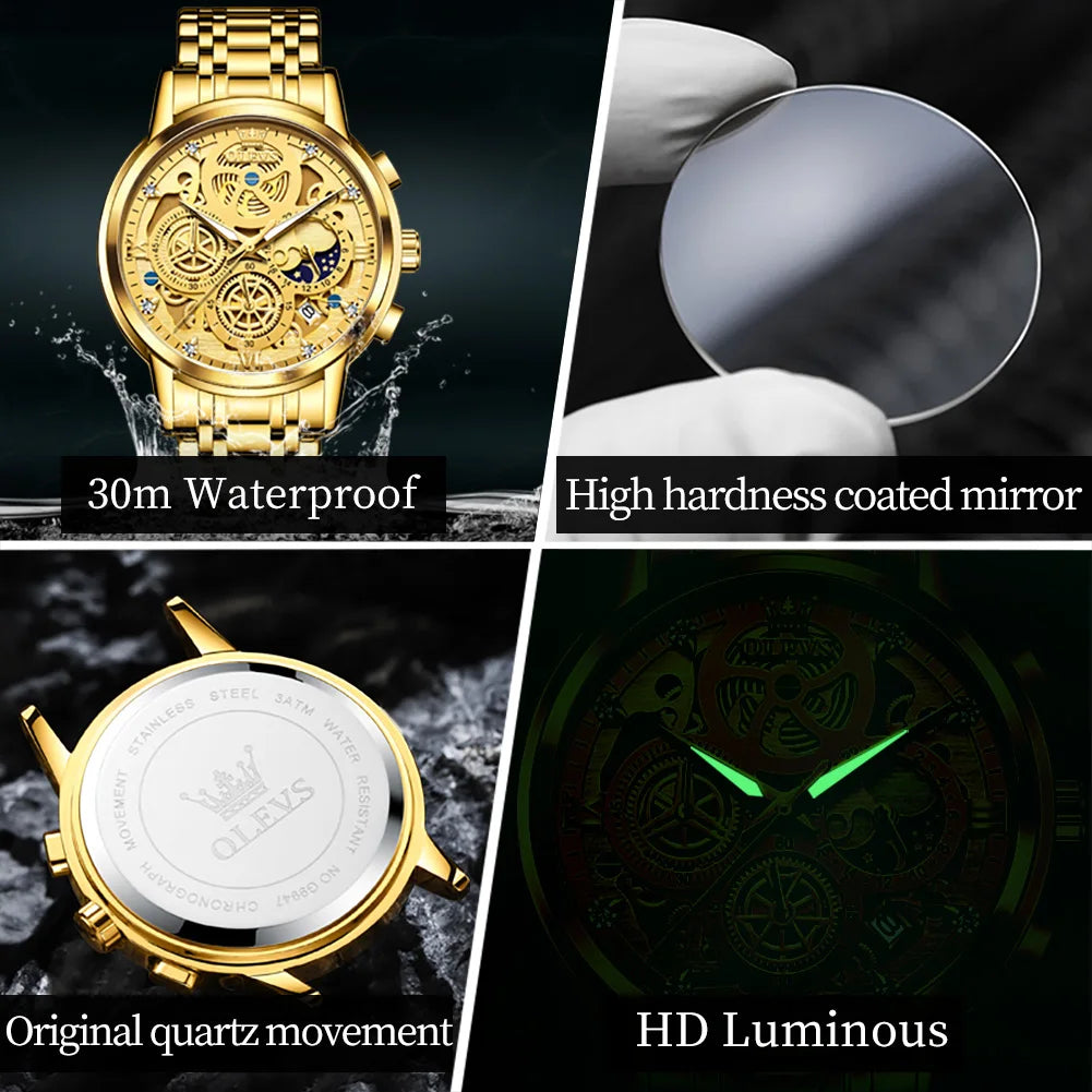 Olevs Mens Luxury Skeleton Style Waterproof Quartz Watch