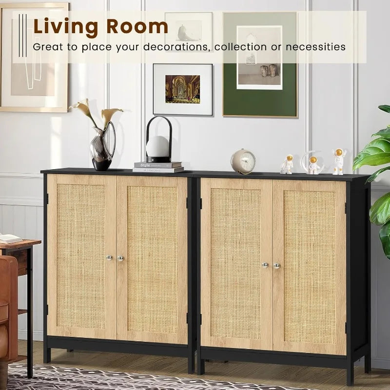 Storage Cabinet with Rattan Doors Adjustable Shelf Floor Cabinet for Living Room Entryway and Kitchen