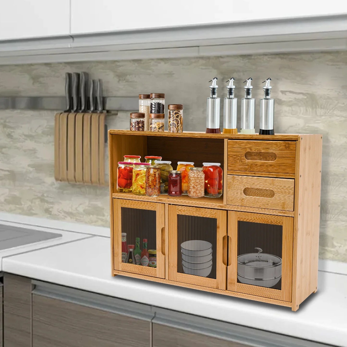 Bymaocar Bamboo Kitchen Utensil Cabinet with Embedded Handle, Compact Countertop Storage Cabinet for Seasoning and Kitchenware