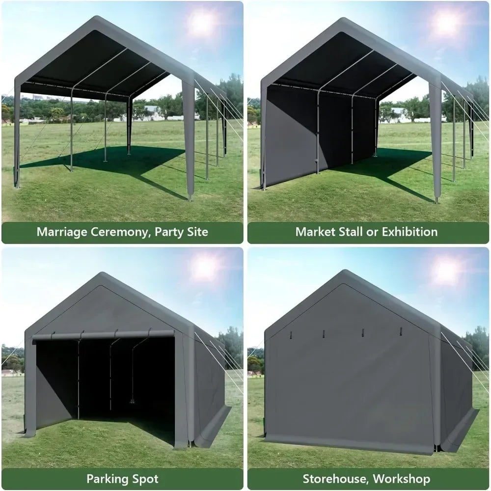 Outdoor Carport 10x20ft Heavy Duty Canopy Storage Shed, Portable Garage with Removable Sidewalls and Doors,All-Season Tarp ,Grey