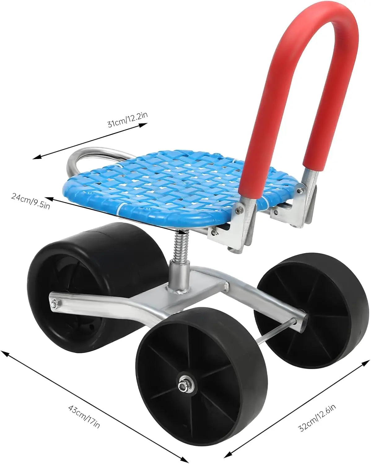 Rolling Garden Stool 150kg - Heavy-Duty High-Carbon Steel Cart w/3×360° PE Wheels, Adjustable Height 23-38cm, L-Shaped Seat