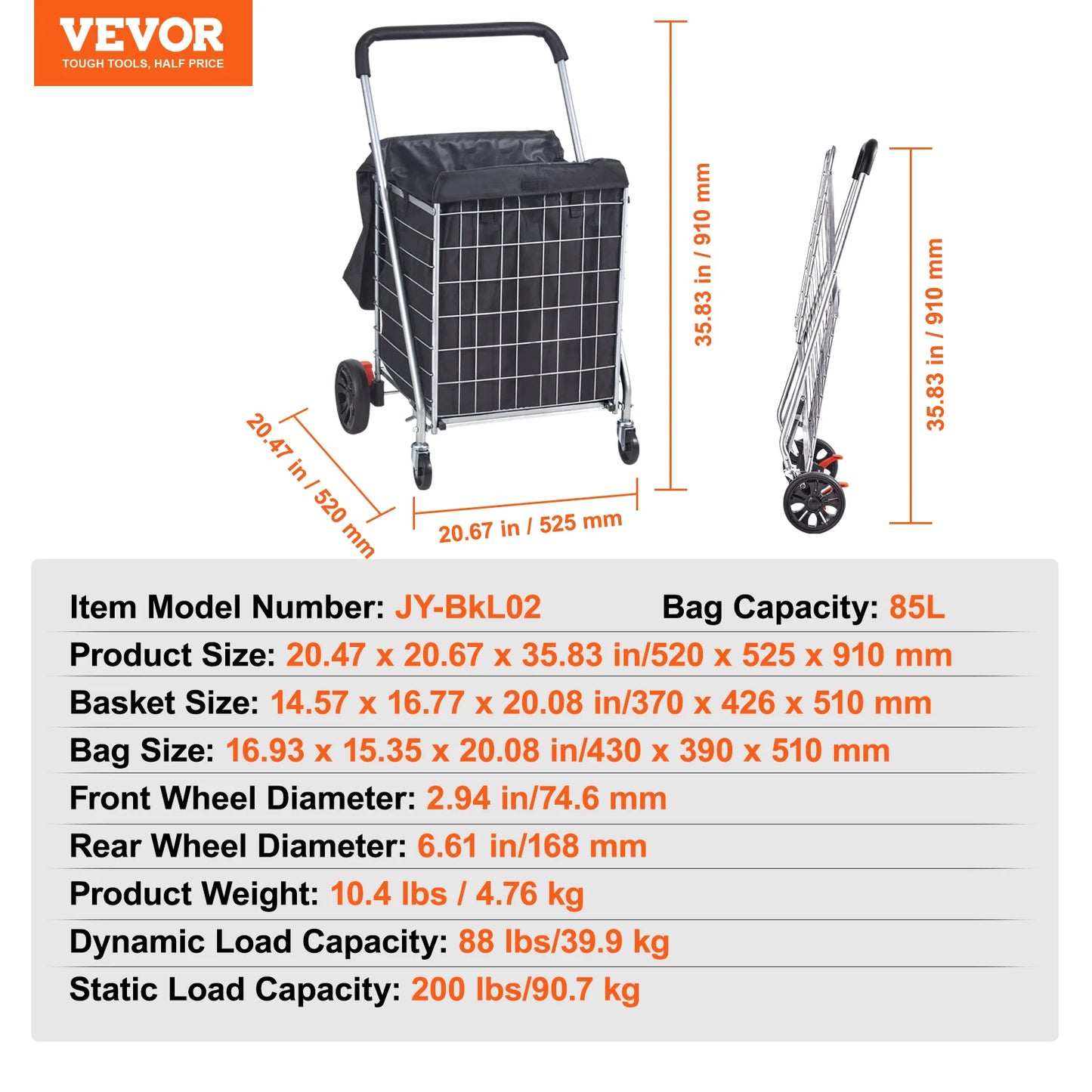 VEVOR Folding Shopping Cart Grocery Utility Trolley with Rolling Swivel Wheels Foldable Laundry Basket for Luggage 66 110 200lbs