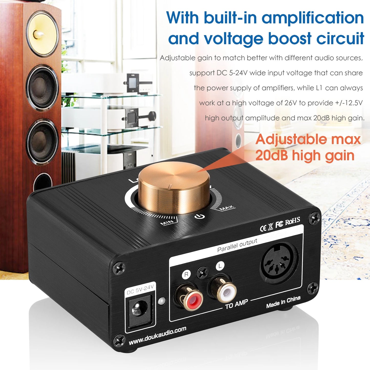 Nobsound HiFi Stereo Line Level Pre-Amplifier Mini Audio Signal Booster 20dB High-gain Preamp Volume Control for Ipod MP3 Phone