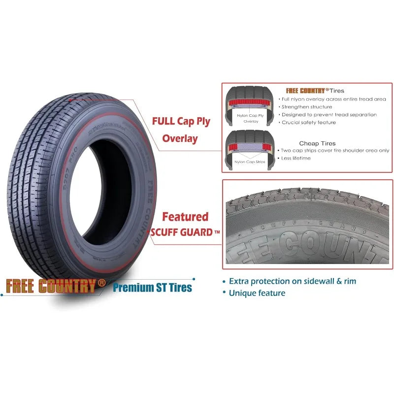 Grand Ride Set 4 Trailer Tires ST225/75R15 10 Ply Load Range E Steel Belted Radial w/Featured Scuff Guard