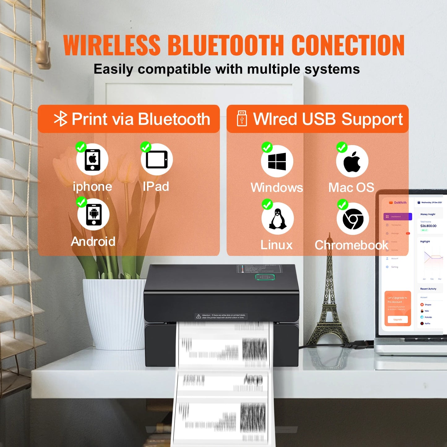 SucceBuy Thermal Label Printer Portable 300DPI for 4x6 Mailing Packages Printing w/ Bluetooth & Automatic Label Recognition