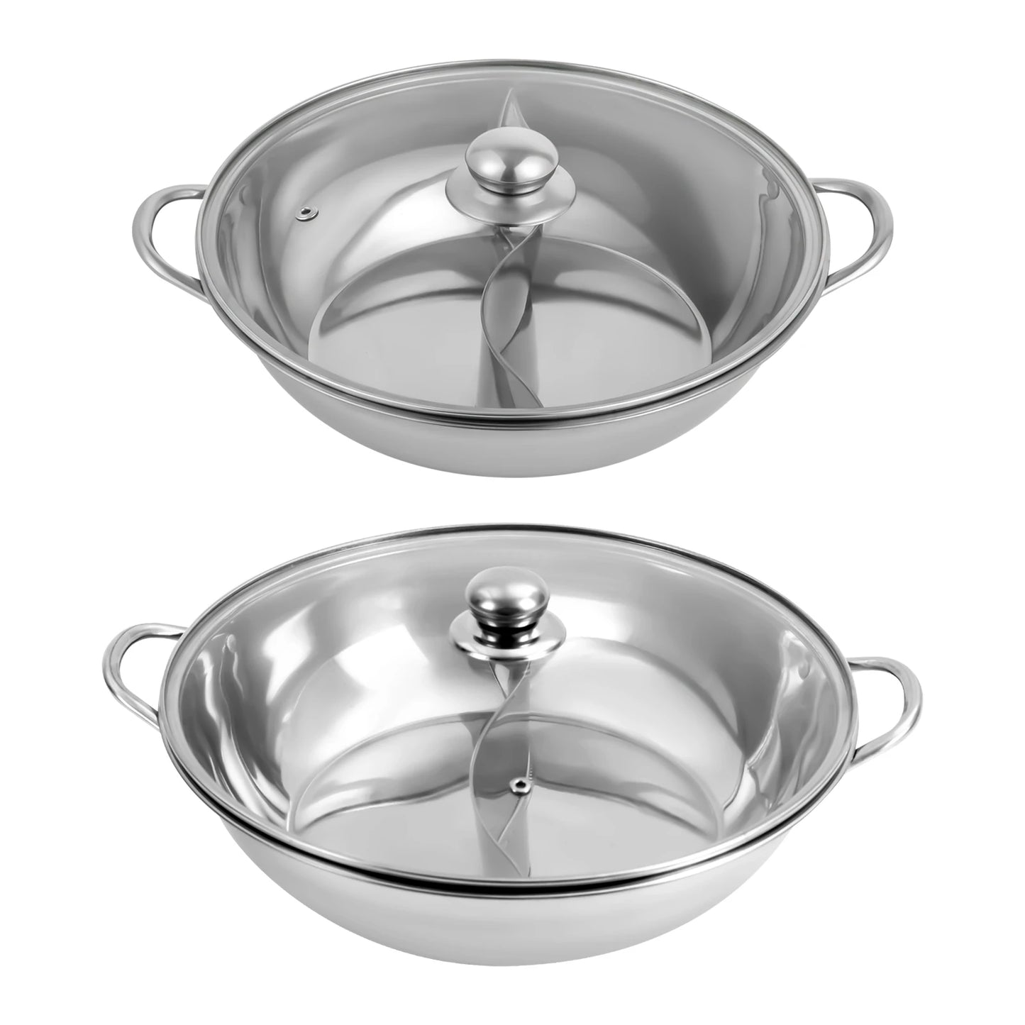 28/32/34cm 304 Stainless Steel Hot Pot with Divider Hot Pot Set Pot with Glass Lid Hot Pot with Spoon and Leaky Spoon