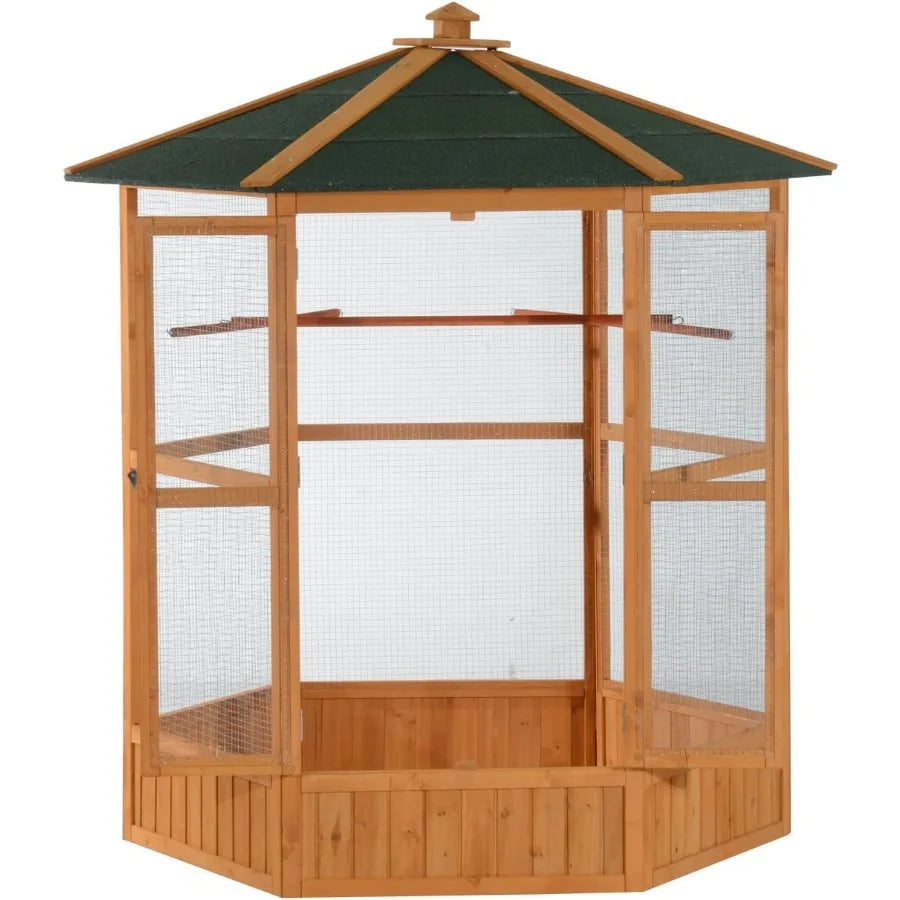 69 Large Wooden Hexagonal Outdoor Aviary Flight Bird Cage with Covered Roof Ideal for Backyard Bird Enthusiasts Provides Shelte
