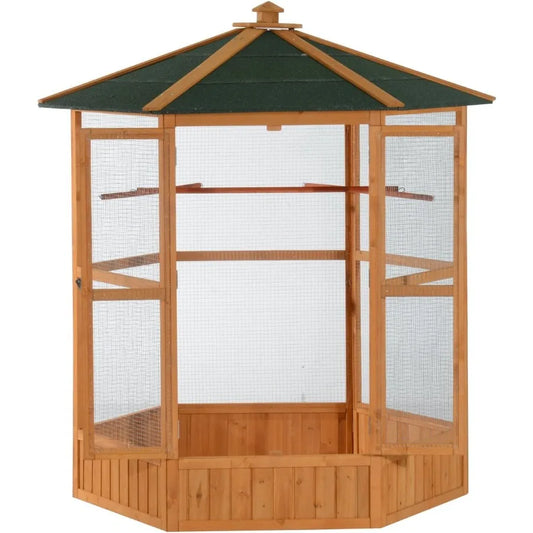69 Large Wooden Hexagonal Outdoor Aviary Flight Bird Cage with Covered Roof Ideal for Backyard Bird Enthusiasts Provides Shelte