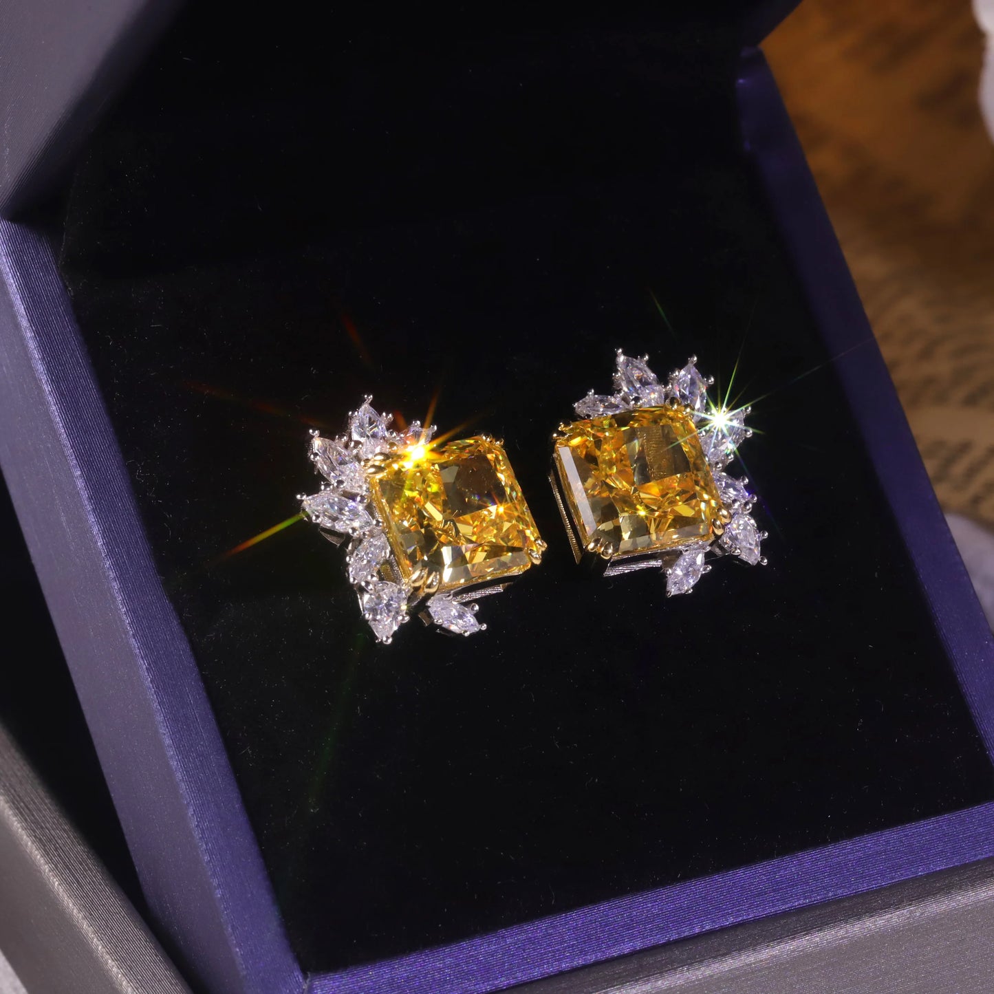 GEM'S BALLET Marquise Diamond-fire CZ- Fancy Vivid Yellow Stud Earrings 925 Sterling Silver Exquisite Vintage Style Earring