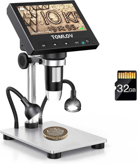 TOMLOV 1000X DM4S Digital Microscope:4.3" LCD,USB,LED, Metal Stand,PC, Photo/Video,SD Card,microscope Camera