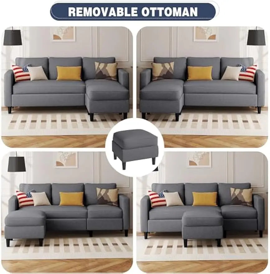 Shintenchi Small Sectional Couch with Ottoman 3 Seat L Shaped Sofa Fabric Upholstered for Apartments Living Room
