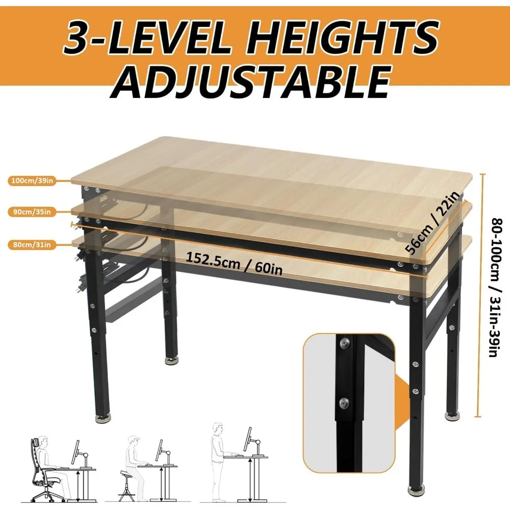 60'' Adjustable Work Bench with Power Outlet, Work Table for Garage,2000 Lbs Capacity Hardwood Workbench,Heavy Duty Table for Wo