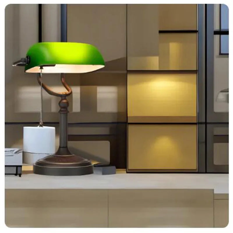 Antique Green Glass Bankers Desk Lamp with Pull Chain Switch Plug in Fixture Living Room Bedroom Bedside Lamp