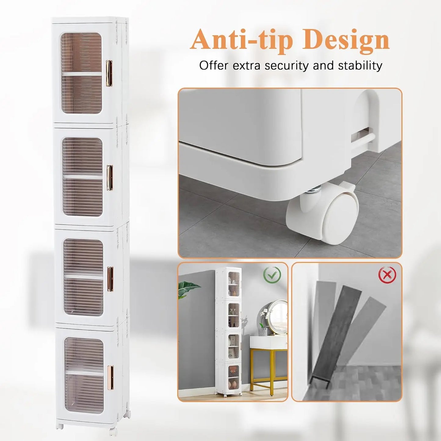 4-Tier Plastic Tall Narrow Storage Cabinet with Movable Wheels, Adjustable Shelves, Magnetic Doors,
