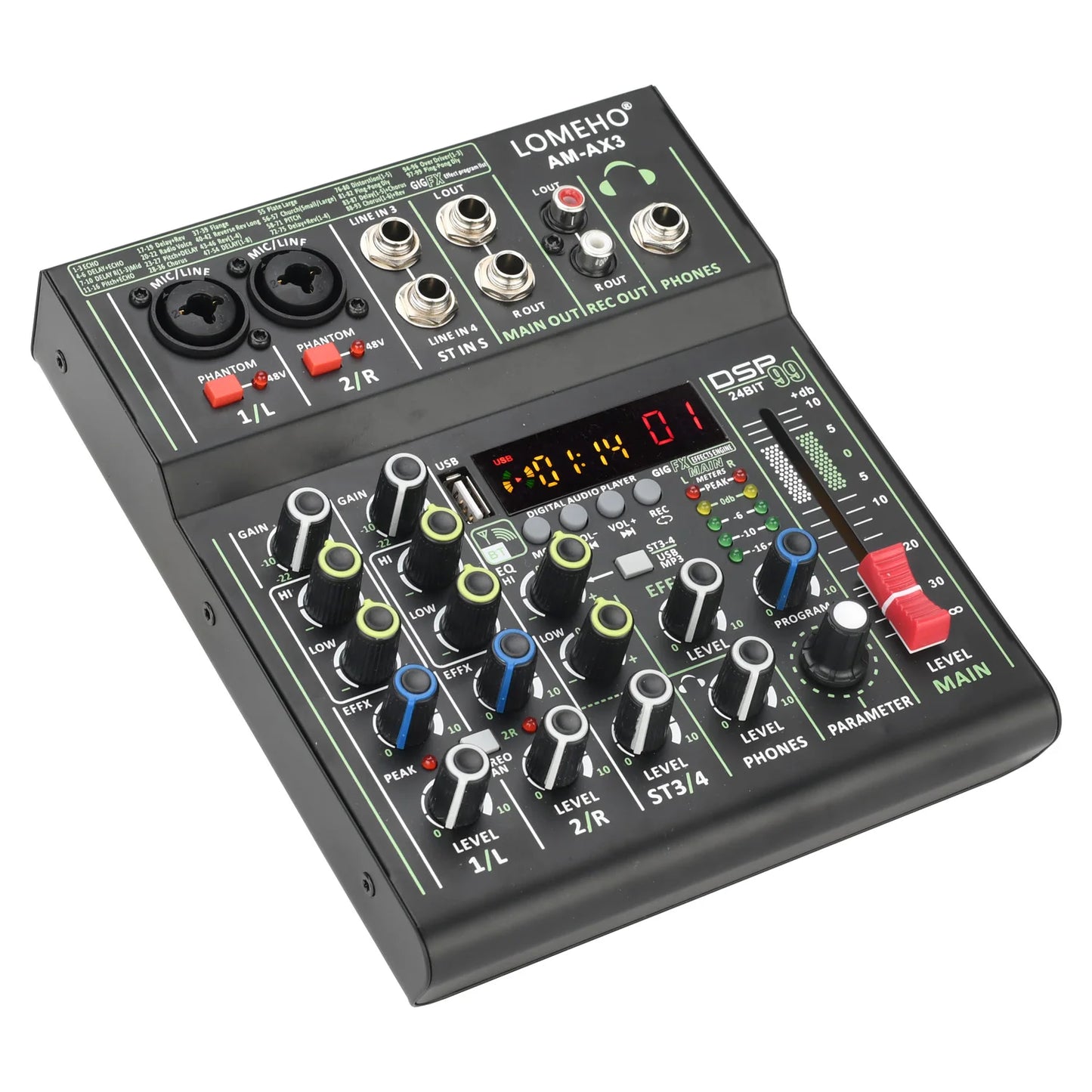 Lomeho 4 Channels Sound Mixer 48V 99 Digital Effect Portable Audio Table Bluetooth USB PC Record Mixing Console Church AM-AX3