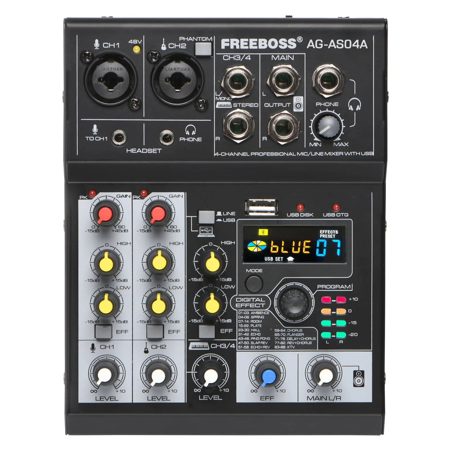 Freeboss Mixing Console Mobile Broadcast 4 Channel Bluetooth PC USB 88 DSP Digital Effect White Sound Audio Mixer AG-AS04A