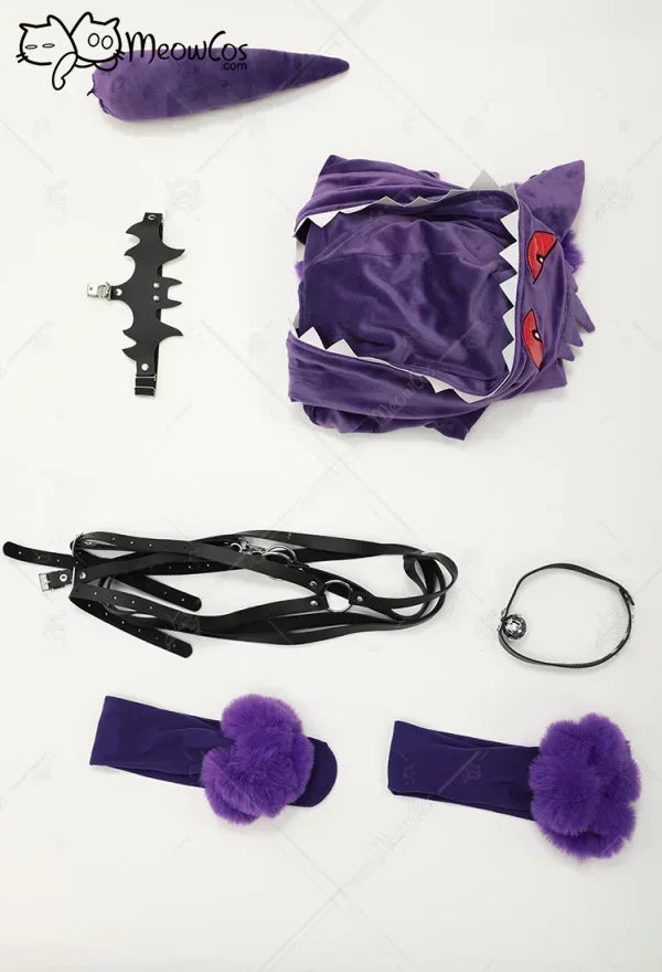 Meowcos Women Genga Cosplay Costume Halloween Purple Ghost Romper Bodysuit Plush Hooded and Socks with Belt and Tail