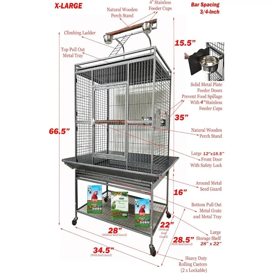 XLarge Elegant and Durable Wrought Iron Play Ground Perch Stand Top Climbing Ladder Bird Parrot Rolling Metal Cage with Around