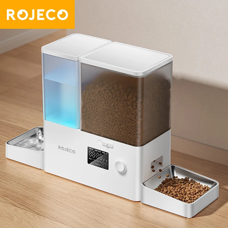 ROJECO 2In1 Automatic Pet Feeder Gravity Water Fountain 8.5L Button Version Auto Cat Kibble Dispenser with Water Refill Drinker