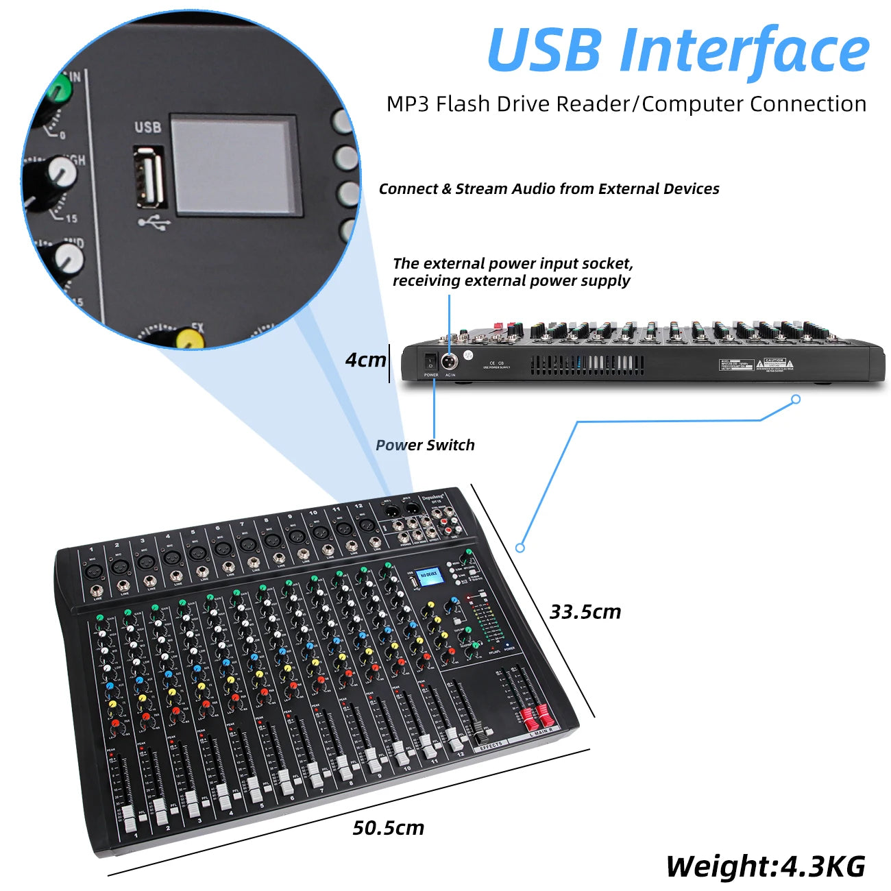 Professional Audio Sound Mixer Depusheng DT12 Channel Bluetooth USB 48V Phantom Mixing Console for PC DJ Amplifier Karaoke