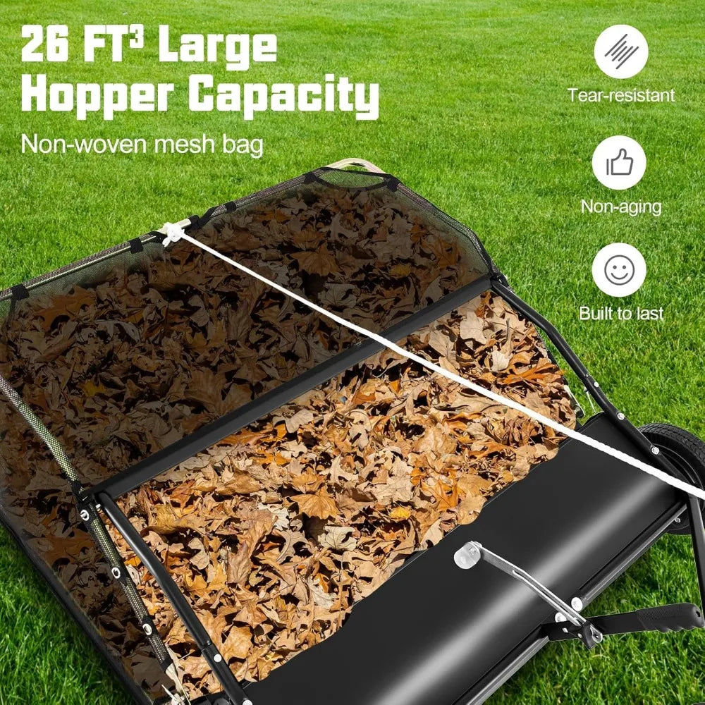 42" Lawn Sweeper Tow Behind, Yard Sweeper w/26Cu.FT Large-Capacity Hopper Bag, Dumping Rope, Adjustable Sweeping Height, Leaf G