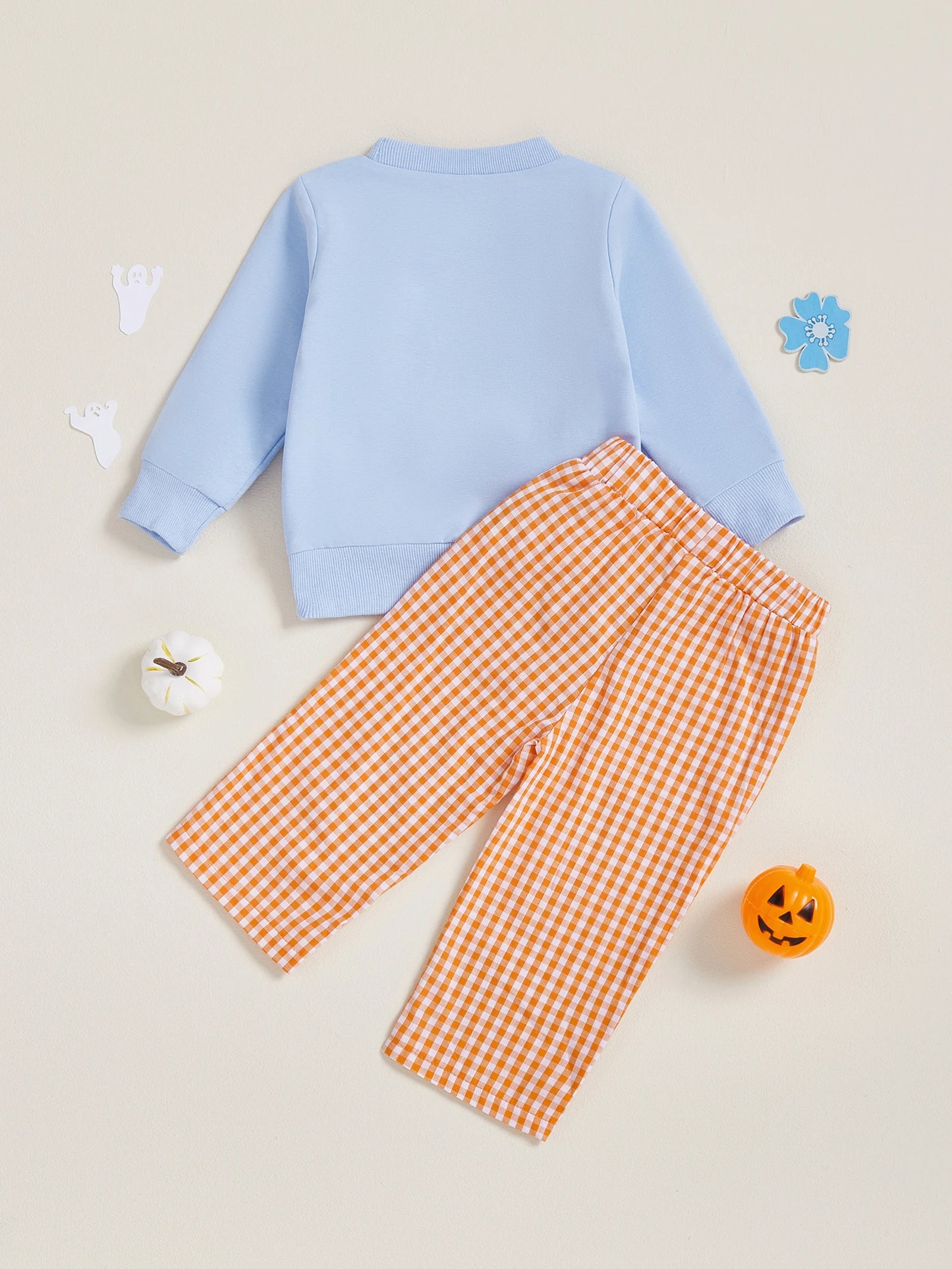 Adorable Toddler Boy Halloween Costume Set with Pumpkin Embroidery and Plaid Pants for a Spooky Fun Look