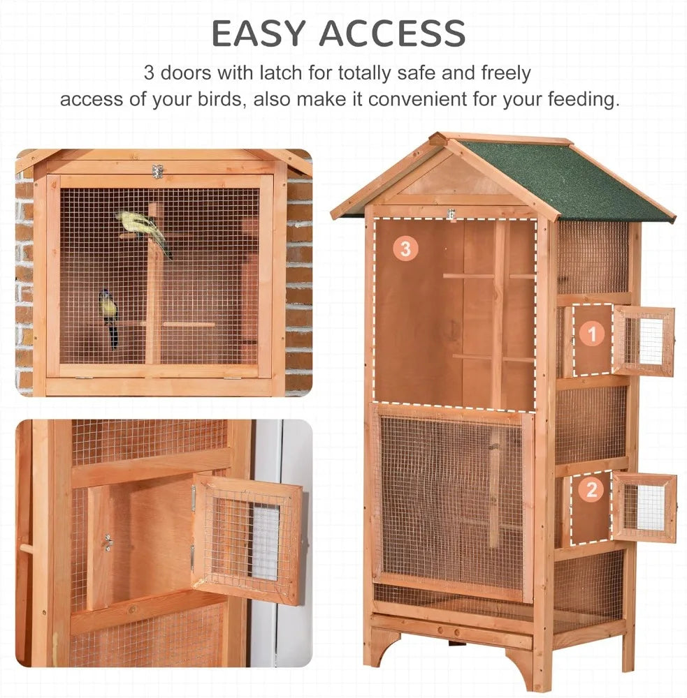 60" Wooden Outdoor Bird Cage for Finches, Parakeet, Large Bird Cage with Removable Bottom Tray 4 Perch, Orange