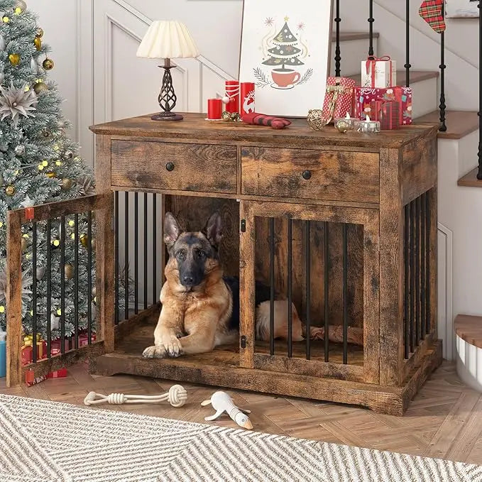 Dog Crate Furniture, 44 Inch Wooden Dog Kennel Indoor with 2 Storage Drawers, Heavy Duty Large Dog Crate Furniture