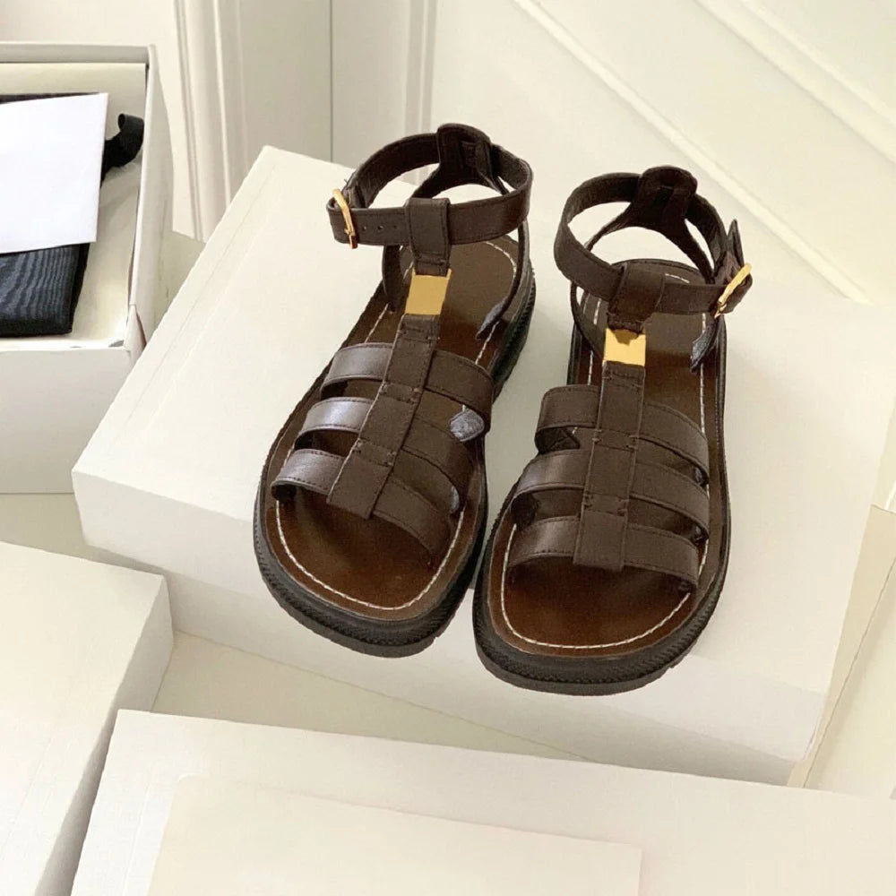 Brown Gladiator Platform Sandals Leather Ankle Strap