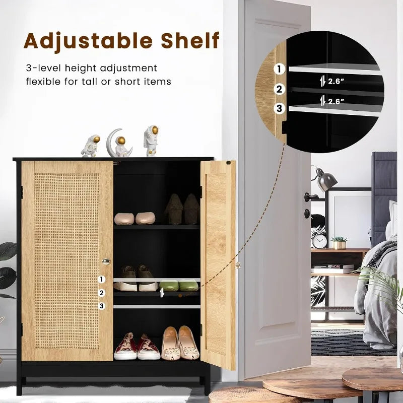 Storage Cabinet with Rattan Doors Adjustable Shelf Floor Cabinet for Living Room Entryway and Kitchen