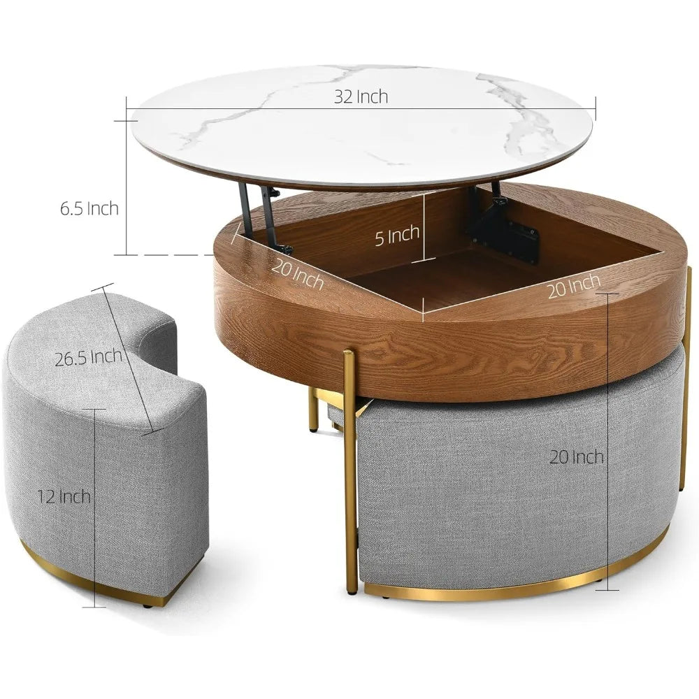 32" L Round Marbling Pattern Slate Coffee Table with Storage 3 Stools Wood Rustic Boho Lift Top Coffee Table Set for Living Roo