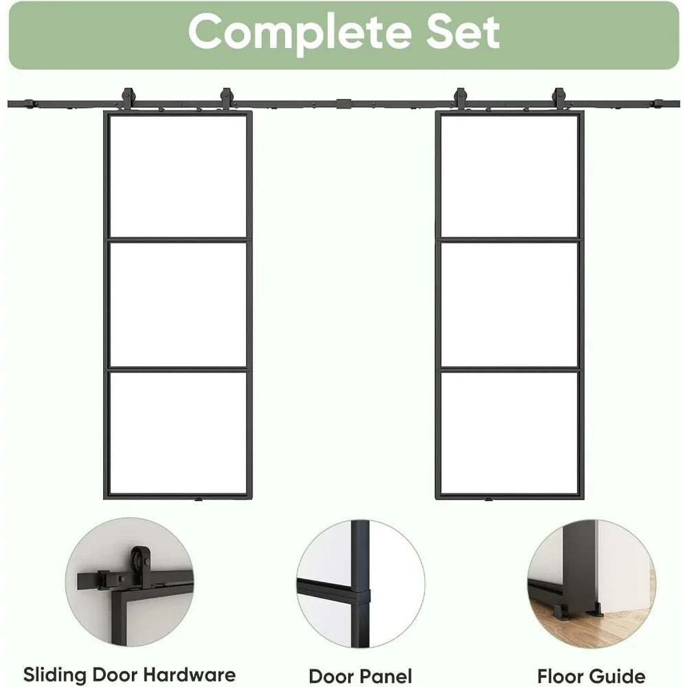 60 Inch X 84 Inch Double Glass Barn Door with 10 Foot Top Mounted Hardware Kit and Soft Close Mechanism Sliding Interior Door