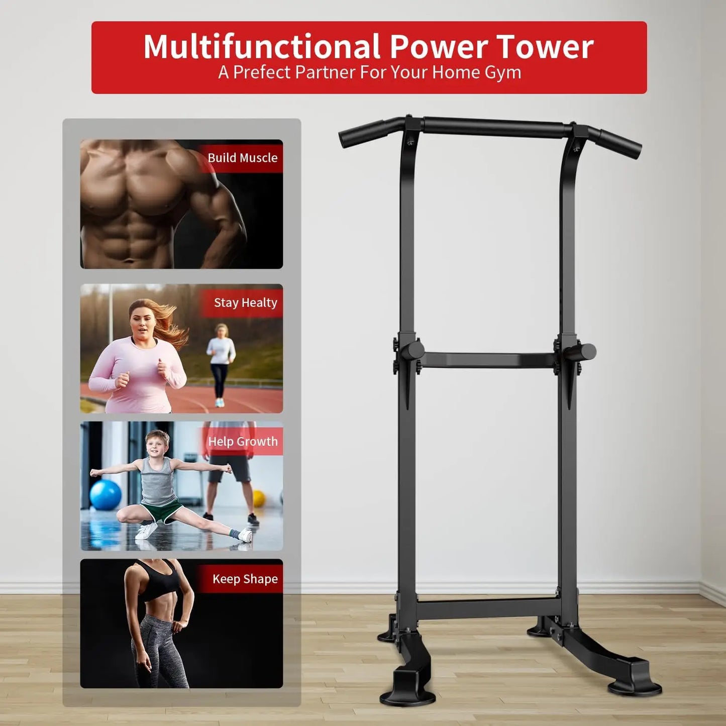 Pull Up Bar Dip Bar Power Tower Workout Dip Station Height Adjustable Free Standing Chin Up Bar Home Gym Equipment 330LBS Weight