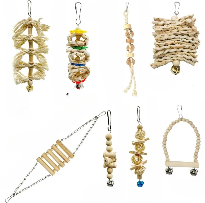 Bird Parrot Wooden Swings Chew Hanging Bell Cage Toys Perch for Small Parakeets Cockatiels Finches Budgie (Bird Swings-8)