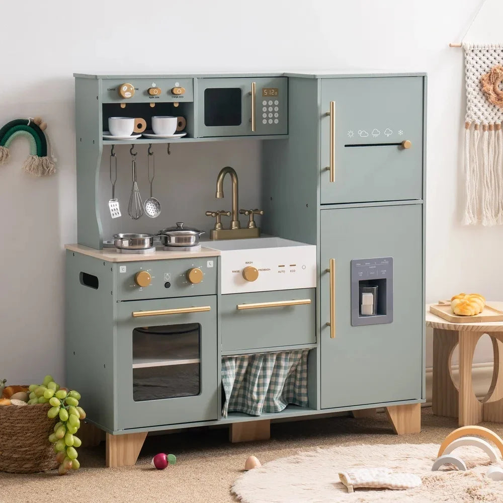 Robotime Robud Play Kitchen Preschool Wooden Kitchen Pretend Set Bean Green Kitchen Gift for Girls Boys Age 3+