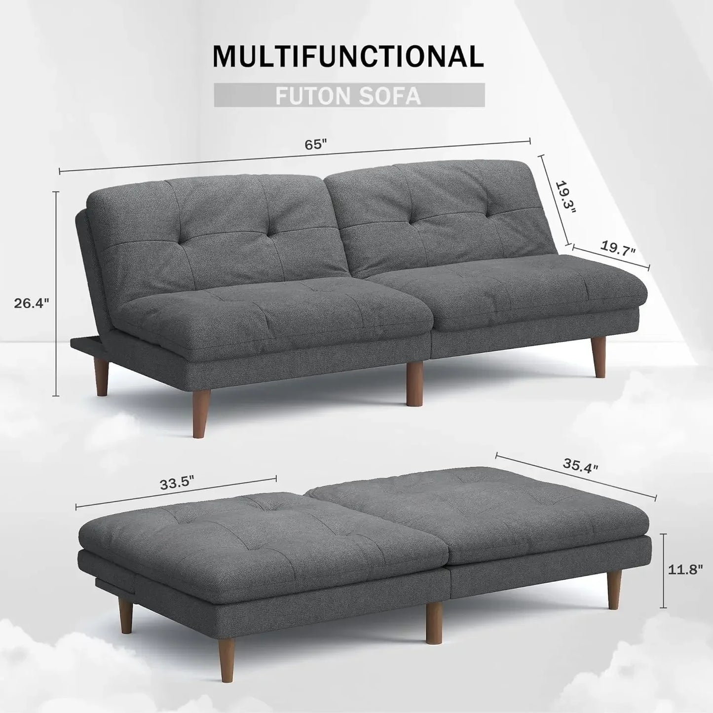 Futon Sofa Bed Fabric Couch Adjustable Sleeper Sofa Bed for Small Apartment Modern Convertible Futon Set, Gray