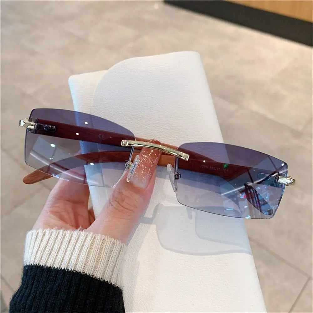 Rimless Sunglasses Men Women Wooden Pattern Luxury Brand Retro Square Sun Glasses Fashion Shades UV400 Travel Outdoor Eyewear