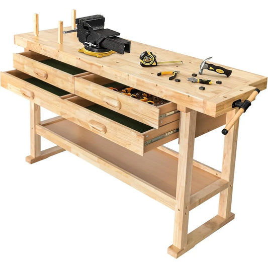 60-Inch Wooden Workbench - Rubberwood Workbench with 4-Drawer, 450lbs Weight Capacity - Perfect Workbench for Garage, Workshop