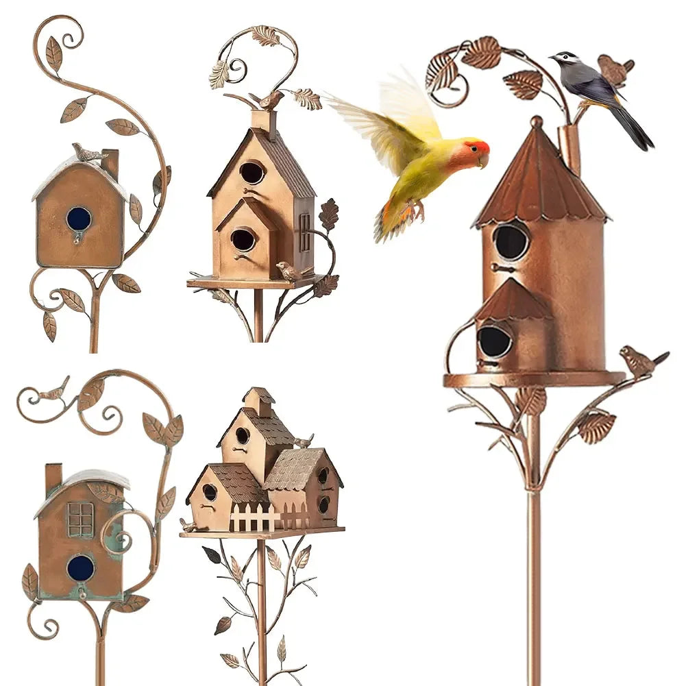 Sturdy Metal Birdhouse Garden Stake with Pole Waterproof Rustic Iron Decoration for Outdoor Garden Yard