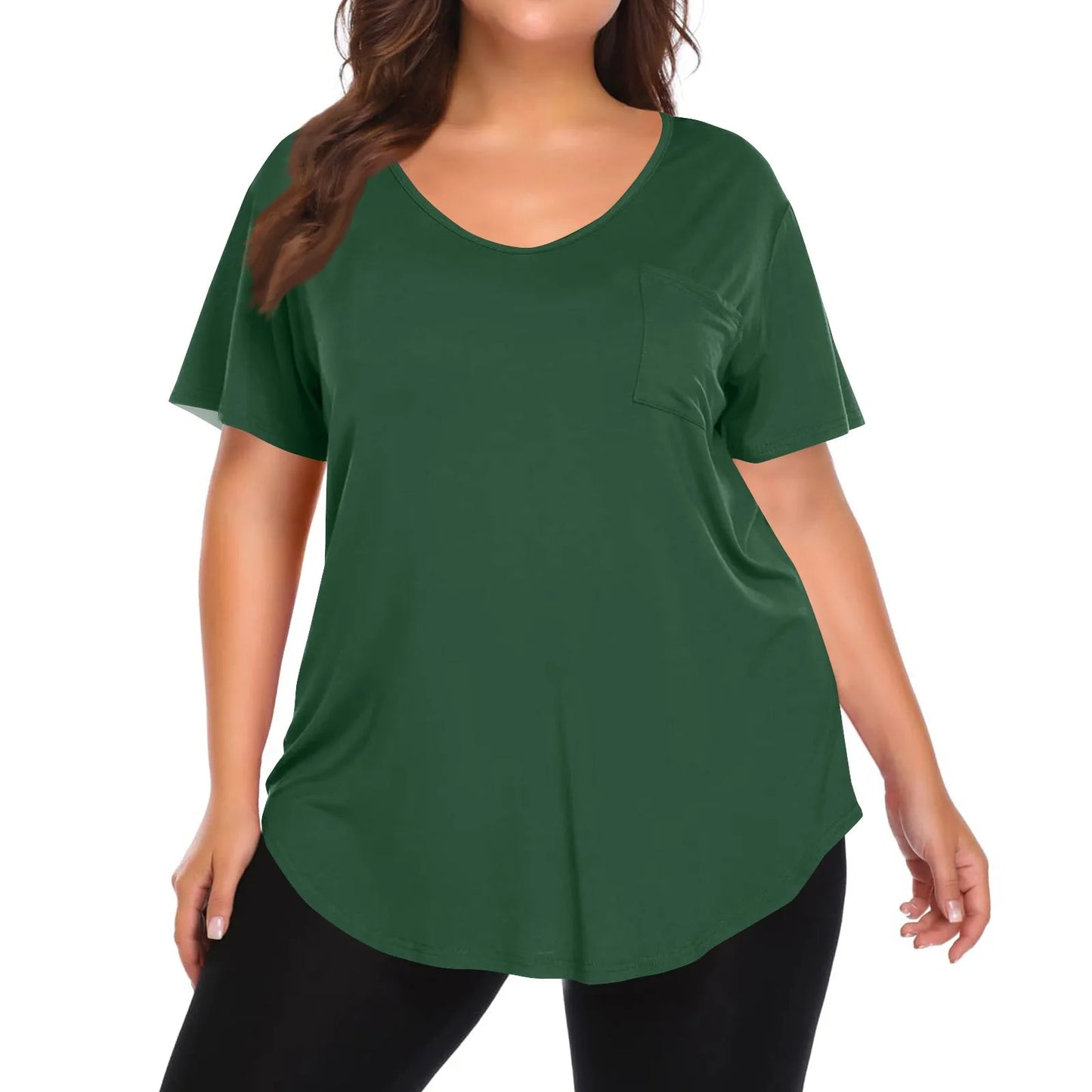 Plus Size Women's Tunic Tops Solid Color Large Size V-neck Loose T-Shirt With Pocket Summer Casual Basic Tee t shirts